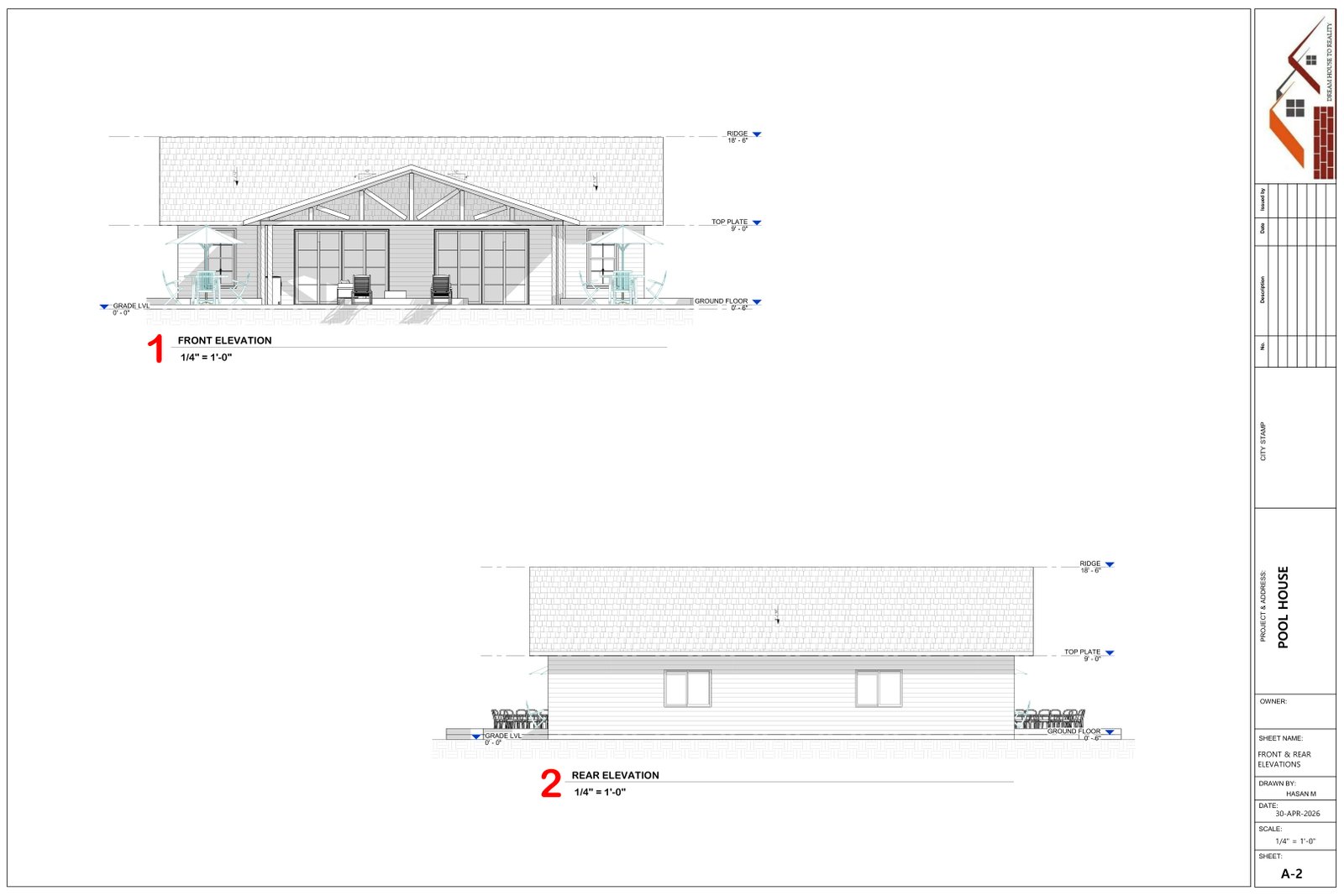 Pool house front and rear elevations