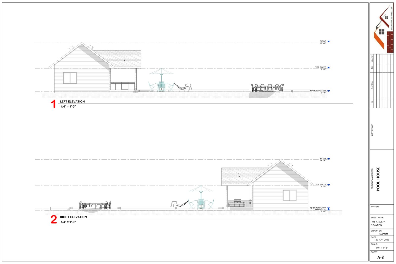 Pool house left and right elevations