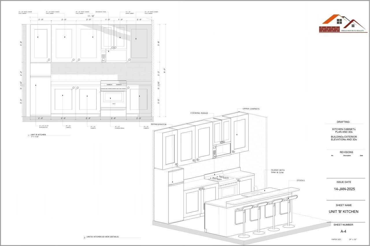 Unit B kitchen elevation and 3D view