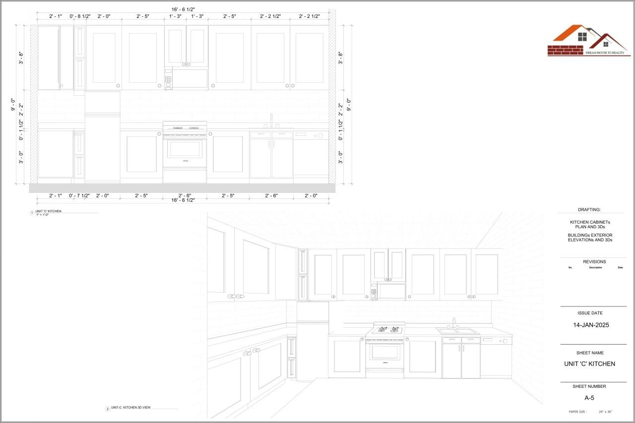 Unit C kitchen elevation and 3D view