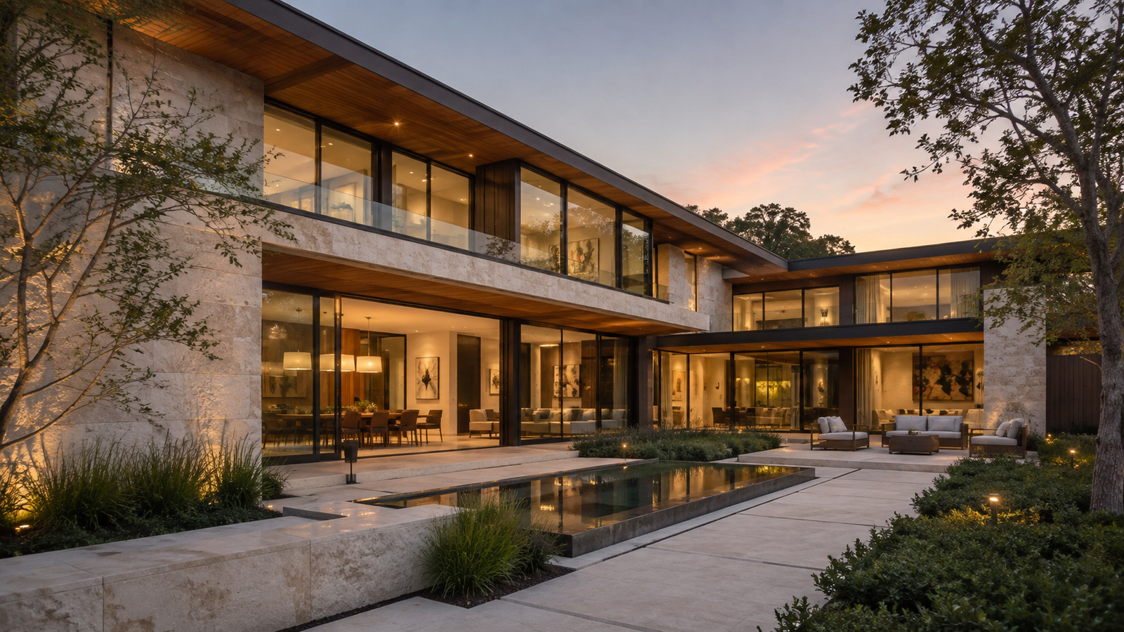 Sunset courtyard residence exterior render