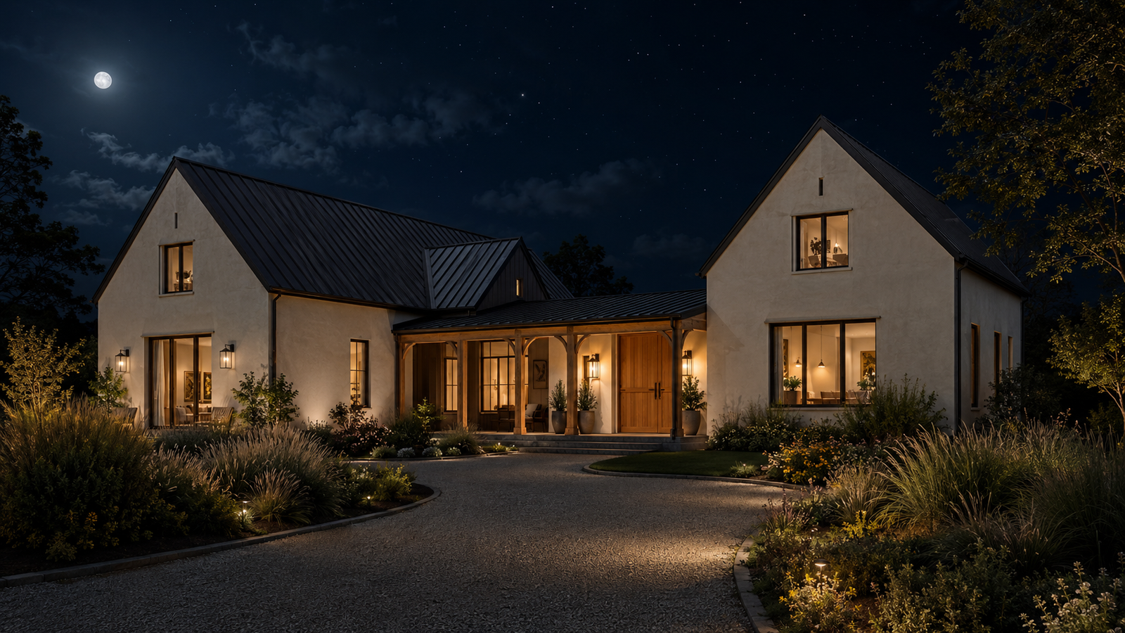 Modern farmhouse exterior render at night
